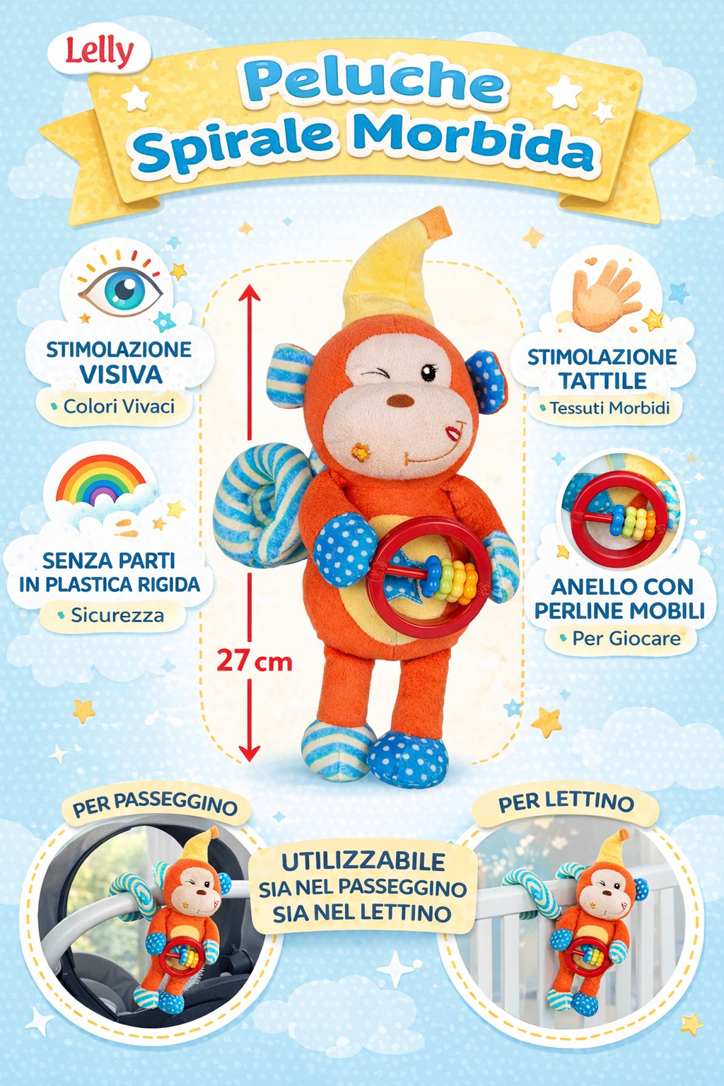 Peluche Scimmia Activity Femminuccia con Giochi per Carrozzina Cm.27 Venturelli - 785104