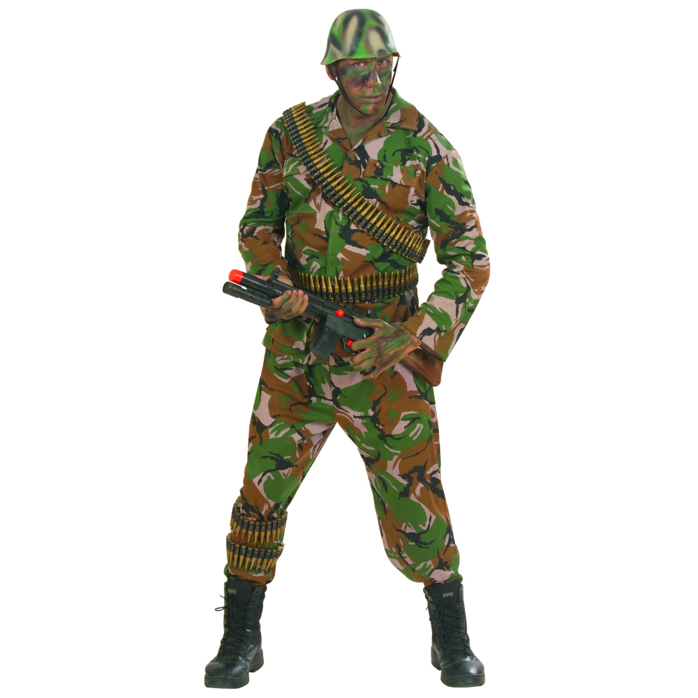Vestito Carnevale + Accessori Soldato Costume Pugnale Pistola Pallottole Set Trucco 8/10 Anni Travestimento - 3840+02412+7083u+2724s+6985d