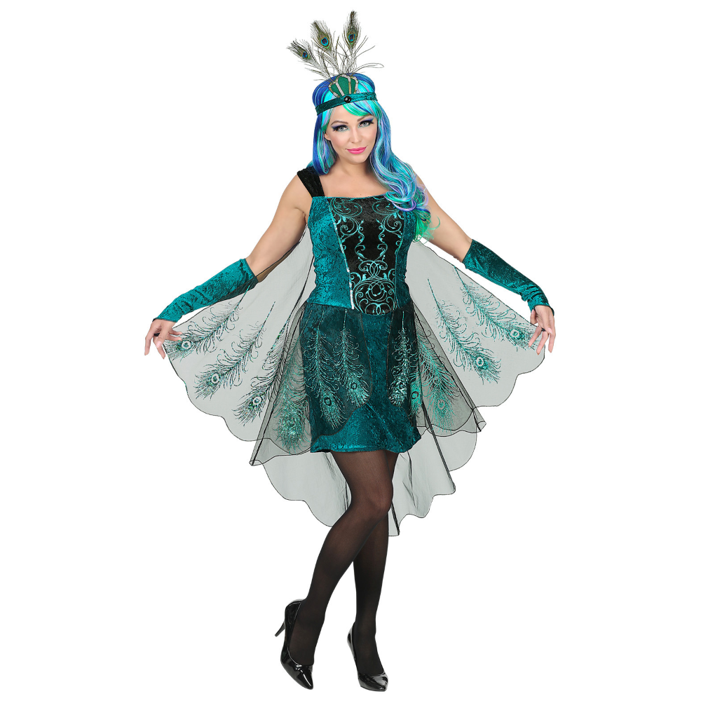 Vestito Carnevale + Accessori Pavone Abito Copricapo Parrucca Travestimento (l)