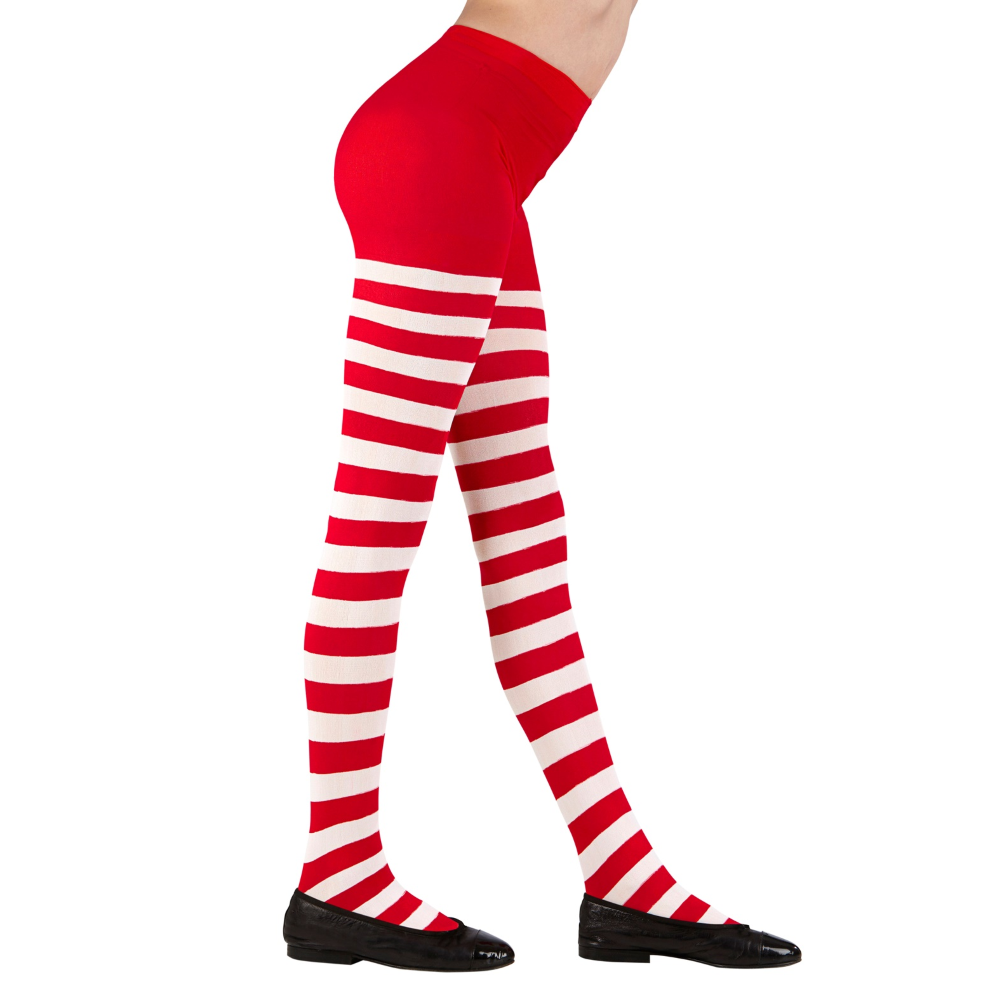 Calze Collant Rigati Parigine Bianco-Rosso Abito Travestimento Vestito Carnevale Pippi
