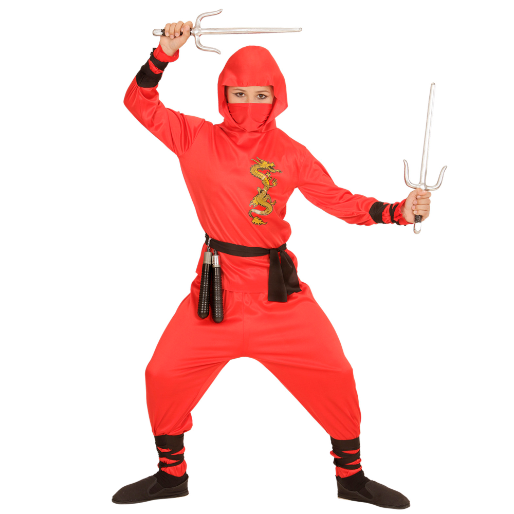 Vestito Carnevale + Accessori Red Dragon Ninja Costume Spada Sai 5/7 Anni Travestimento - 0133+8711s