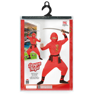 Vestito Carnevale + Accessori Red Dragon Ninja Costume Nunchaku Spada Giapponese con Fodero Spada Sai Travestimento (2/3 Anni)