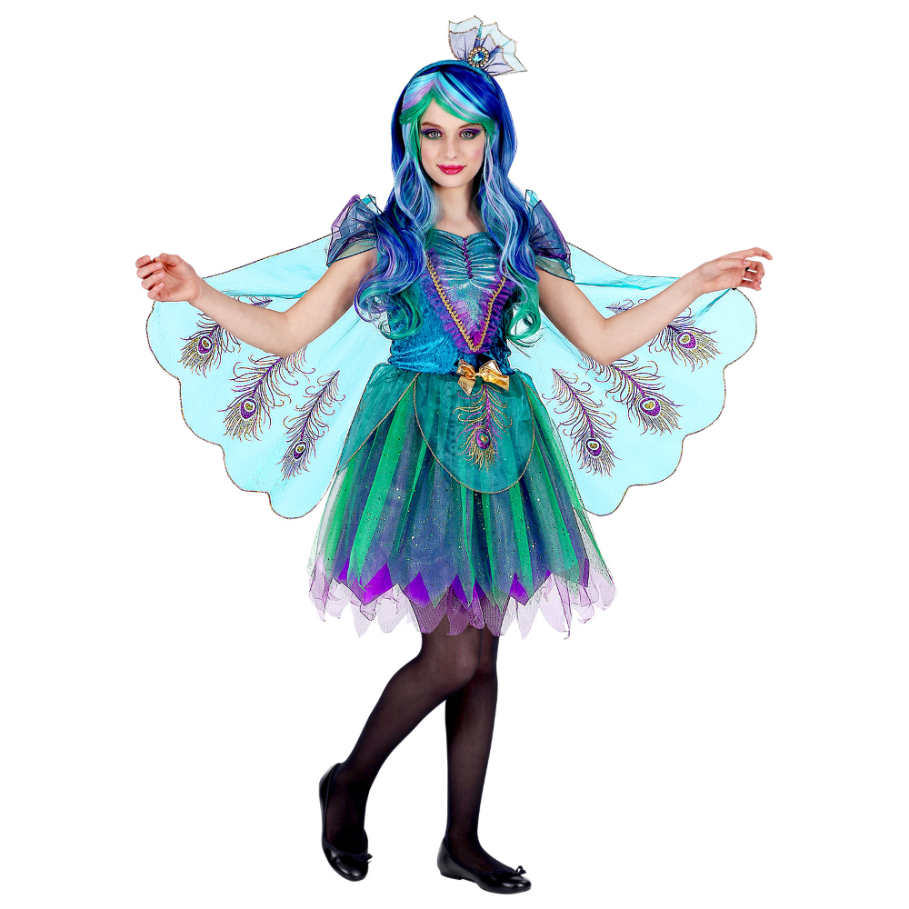 Vestito Carnevale + Accessori Pavone Abito Copricapo Parrucca Travestimento (4/5 Anni)