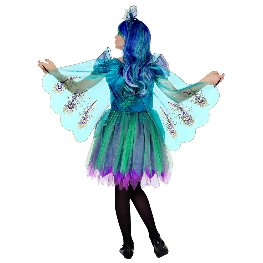 Vestito Carnevale + Accessori Pavone Abito Copricapo Parrucca Travestimento (5/7 Anni)