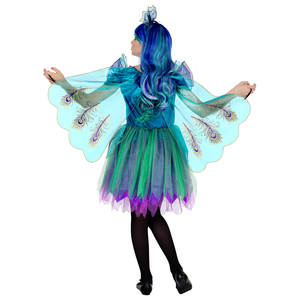 Vestito Carnevale + Accessori Pavone Abito Copricapo Parrucca Travestimento (5/7 Anni)