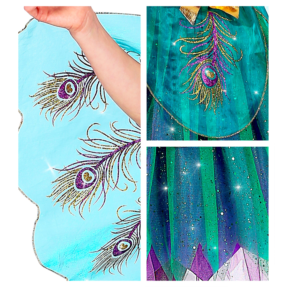 Vestito Carnevale + Accessori Pavone Abito Copricapo Parrucca Travestimento (5/7 Anni)
