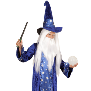 Vestito Carnevale + Accessori Mago Tunica Cappello Bastone Parrucca 5/7 Anni Travestimento - 1522+74600+52815
