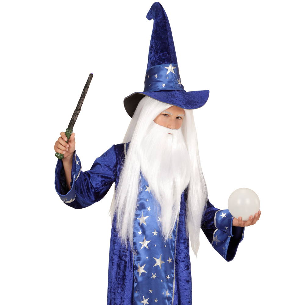 Vestito Carnevale + Accessori Mago Tunica Cappello Bastone Parrucca 4/5 Anni Travestimento - 1522+74600+52815