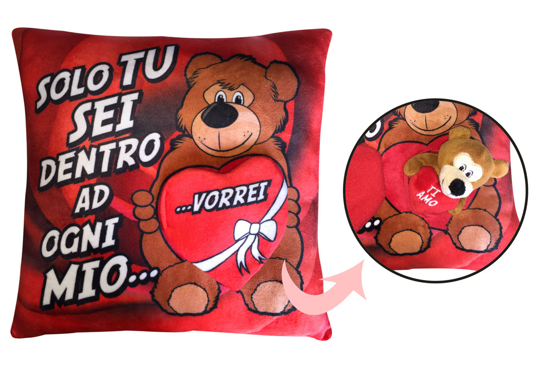 Cuscino Rettangolare con Scritta e Peluche Interno Cm. 32x32 - 74998