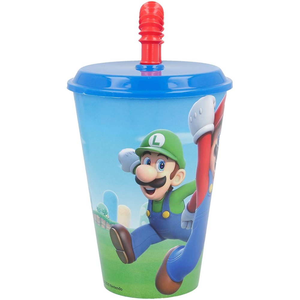Bicchiere con Cannuccia Super Mario Videogioco Luigi Peach Yoshi Toad Semirigida Ml.430 - St21430