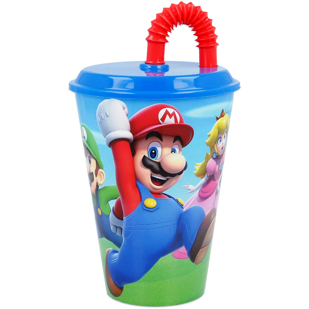 Bicchiere con Cannuccia Super Mario Videogioco Luigi Peach Yoshi Toad Semirigida Ml.430 - St21430