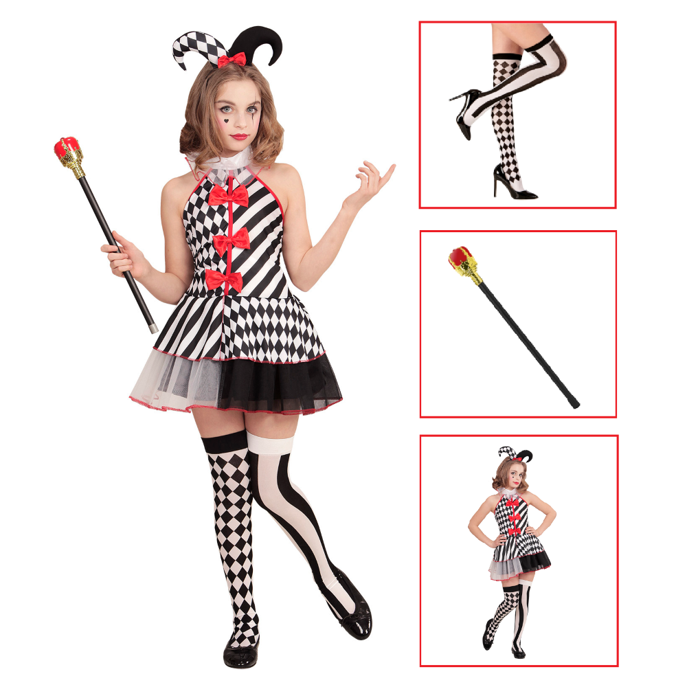 Vestito Carnevale + Accessori Arlecchina Abito Copricapo Scettro Calze 4/5 Anni Travestimento - 1902+1914k+30005