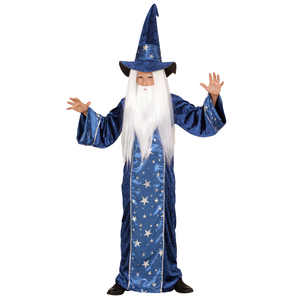 Vestito Carnevale + Accessori Mago Tunica Cappello Bastone Parrucca 4/5 Anni Travestimento - 1522+74600+52815