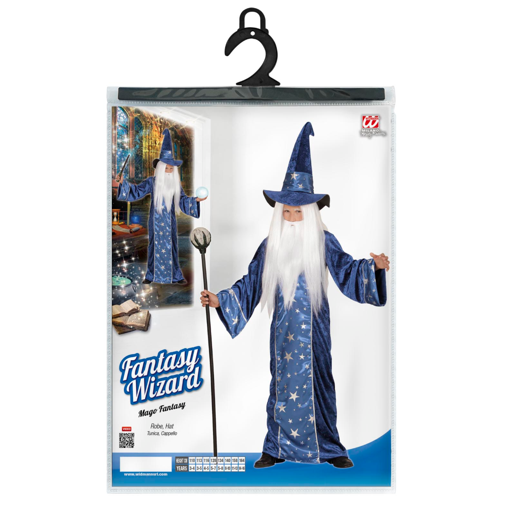 Vestito Carnevale + Accessori Mago Tunica Cappello Bastone Parrucca 4/5 Anni Travestimento - 1522+74600+52815
