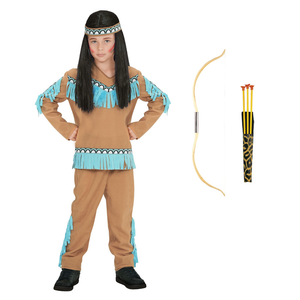 Vestito Carnevale + Accessori Indiano Casacca Pantaloni Fascia per Testa Arco 8/10 Anni Travestimento - 0667+2793b