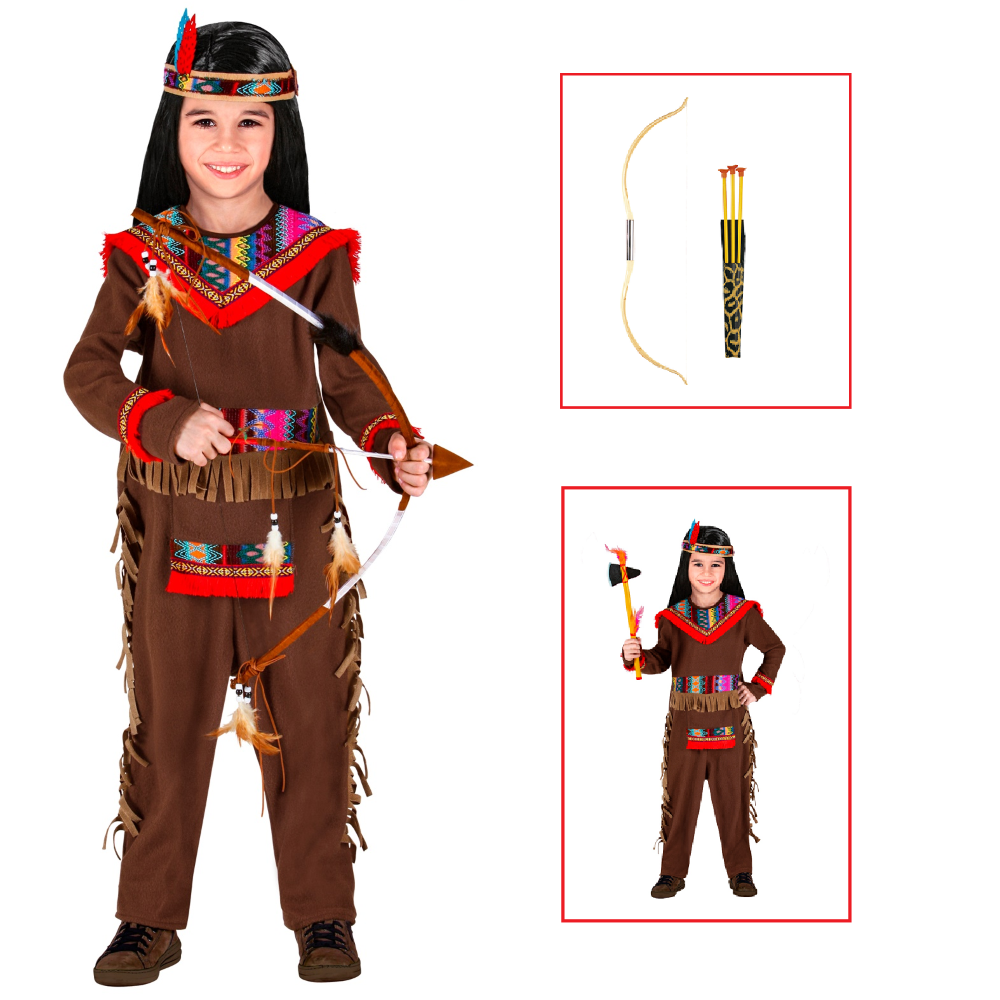 Vestito Carnevale + Accessori Indiano Costume Fascia per Testa con Piume Arco 2/3 Anni Travestimento - 0158+2793b