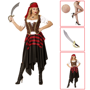 Vestito Carnevale + Accessori Piratessa Adulto Vestito Sciabola Calze Tg. M Travestimento - 0562 Adulto+7007b+4750r