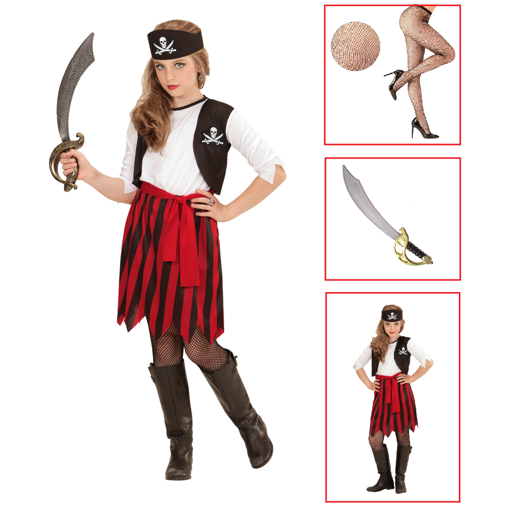 Vestito Carnevale + Accessori Piratessa Vestito Sciabola Calze 11/13 Anni Travestimento - 0722+7007b+4750r