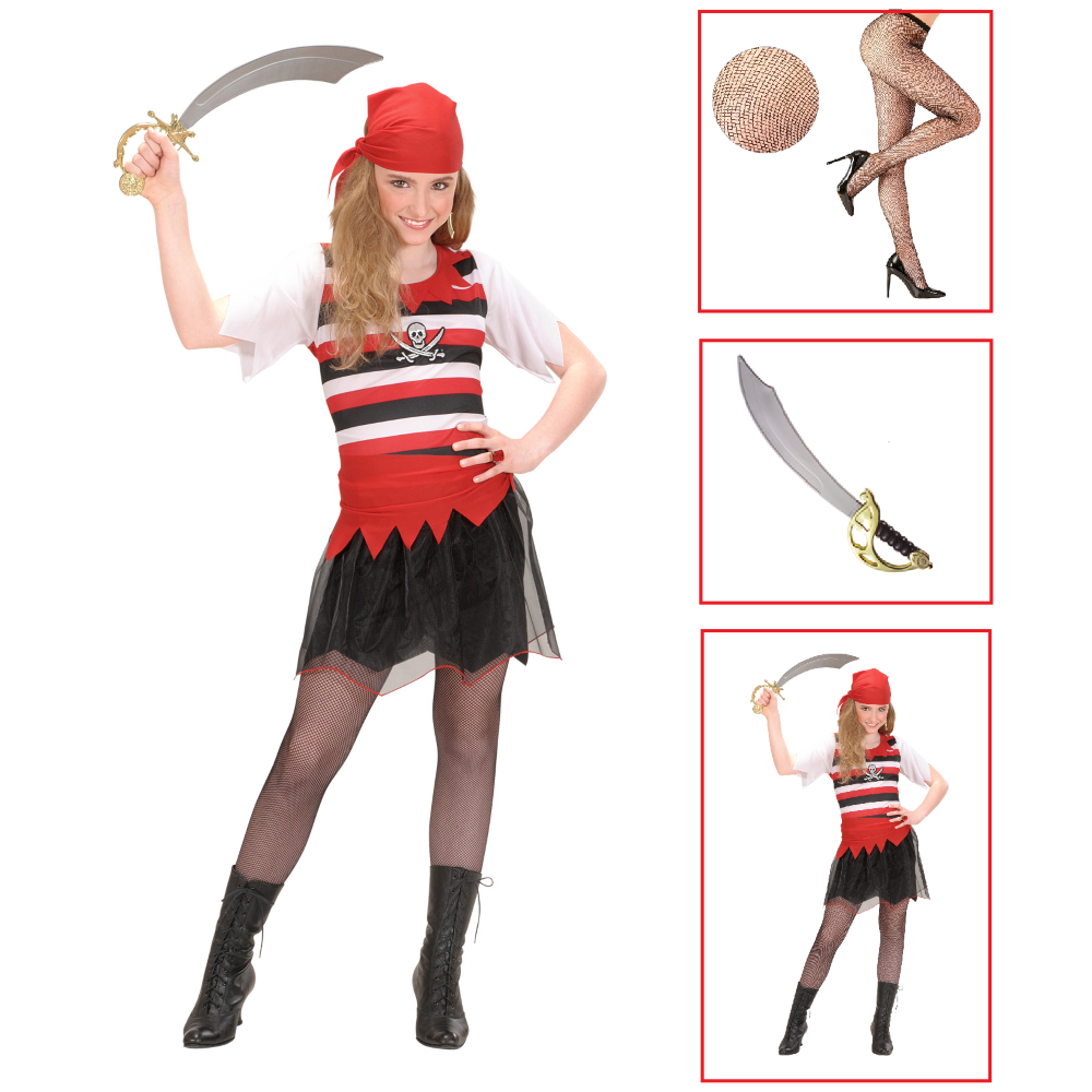 Vestito Carnevale + Accessori Piratessa Vestito Sciabola Calze 5/7 Anni Travestimento - 5853+4750r+7007b