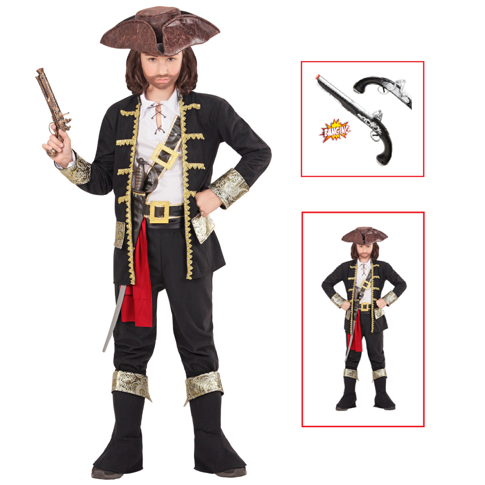 Vestito Carnevale + Accessori Capitano Pirata Costume Cappello Pistola 14/16 Anni Travestimento - 1527+04859