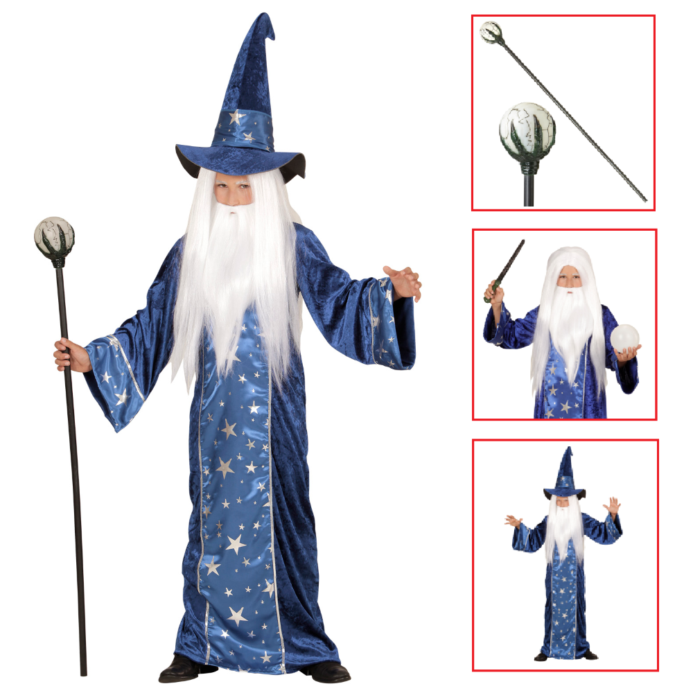 Vestito Carnevale + Accessori Mago Tunica Cappello Bastone Parrucca 4/5 Anni Travestimento - 1522+74600+52815