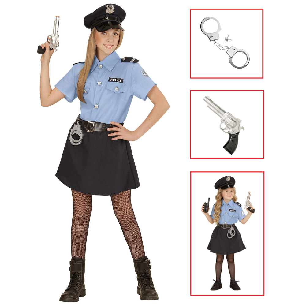 Vestito Carnevale + Accessori Poliziotta Costume Pistola Manette 8/10 Anni Travestimento - 0400+2413d+2775p