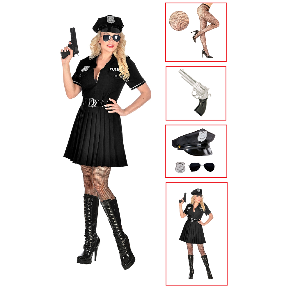 Vestito Carnevale + Accessori Poliziotta Vestito Pistola Calze Cappello Occhiali Tg M Travestimento - 0508 Adulto+2775p+4750r+95719