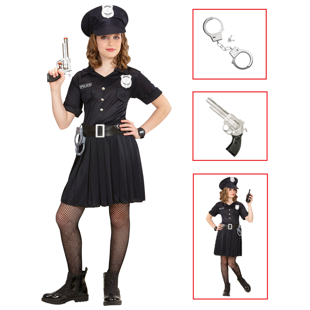 Vestito Carnevale + Accessori Poliziotta Costume Pistola Manette 8/10 Anni Travestimento - 6555+2413d+2775p