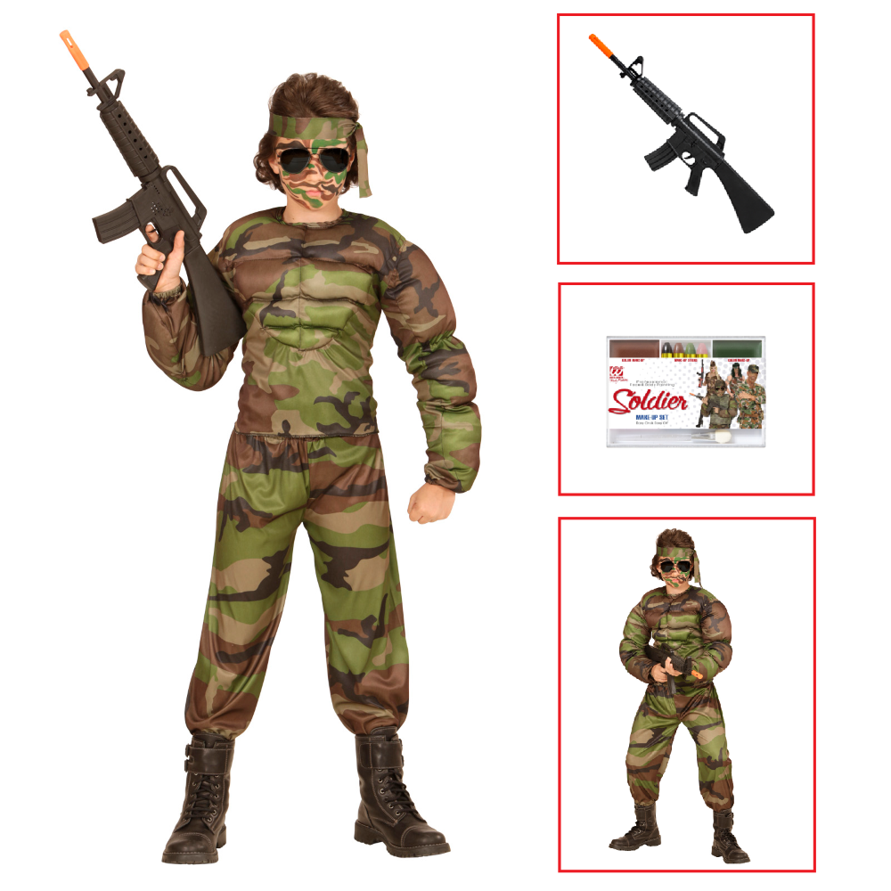 Vestito Carnevale + Accessori Super Soldato Muscoloso Costume Fucile D'assalto Trucco 5/7 Anni Travestimento - 0051+7084m+02412