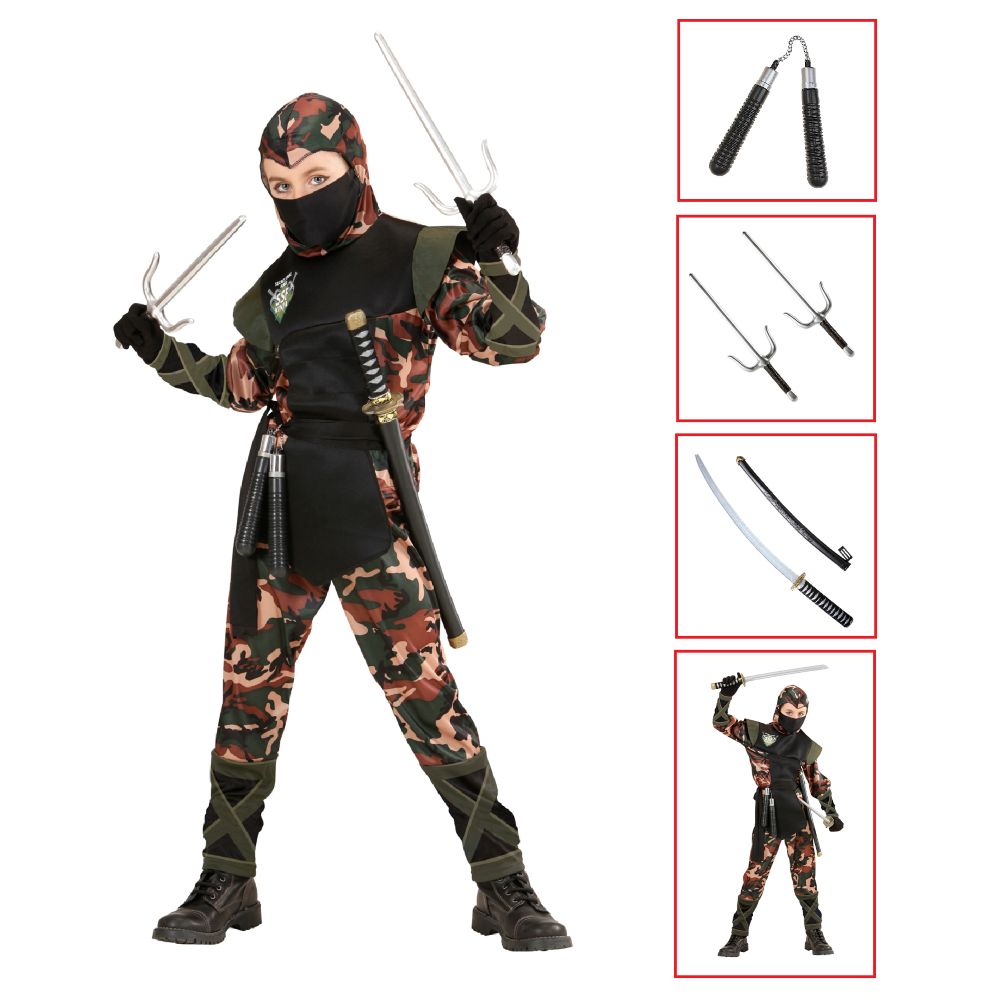 Vestito Carnevale + Accessori Soldato Ninja Costume Nunchaku Spada Sai Spada Giapponese Ninja con Fodero 8/10 Anni Travestimento - 7652+6766n+8711s+2728q