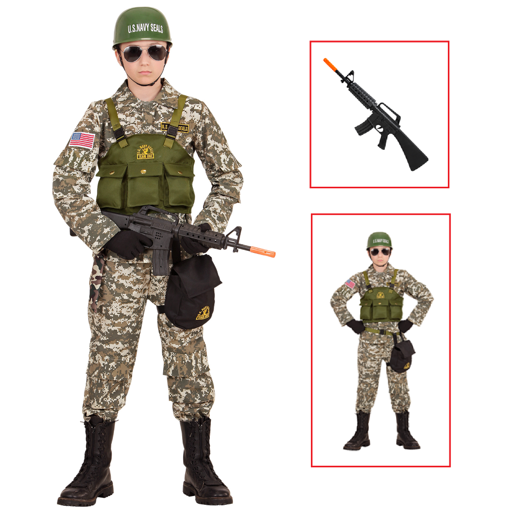 Vestito Carnevale + Accessori Soldato Navy Seals Costume Elmo Fucile D'assalto 5/7 Anni Travestimento - 9684+7084m