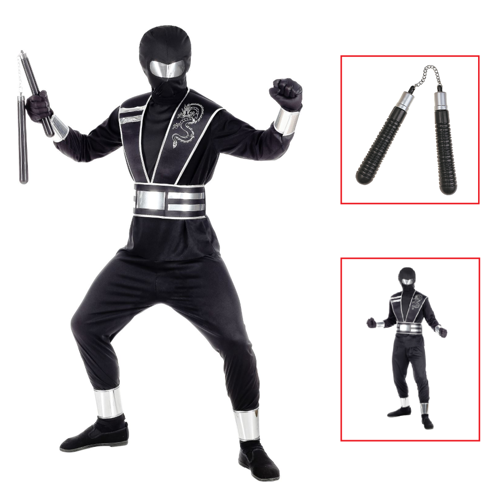 Vestito Carnevale + Accessori Mirror Ninja Costume Nunchaku 5/7 Anni Travestimento - 0011+6766n