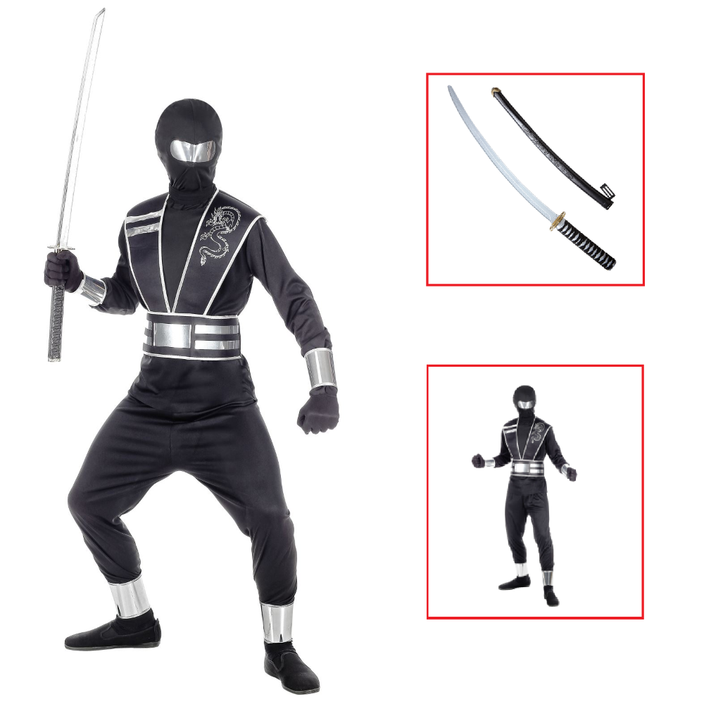 Vestito Carnevale + Accessori Mirror Ninja Costume Spada Giapponese Ninjia con Fodero 5/7 Anni Travestimento - 0011+2728q