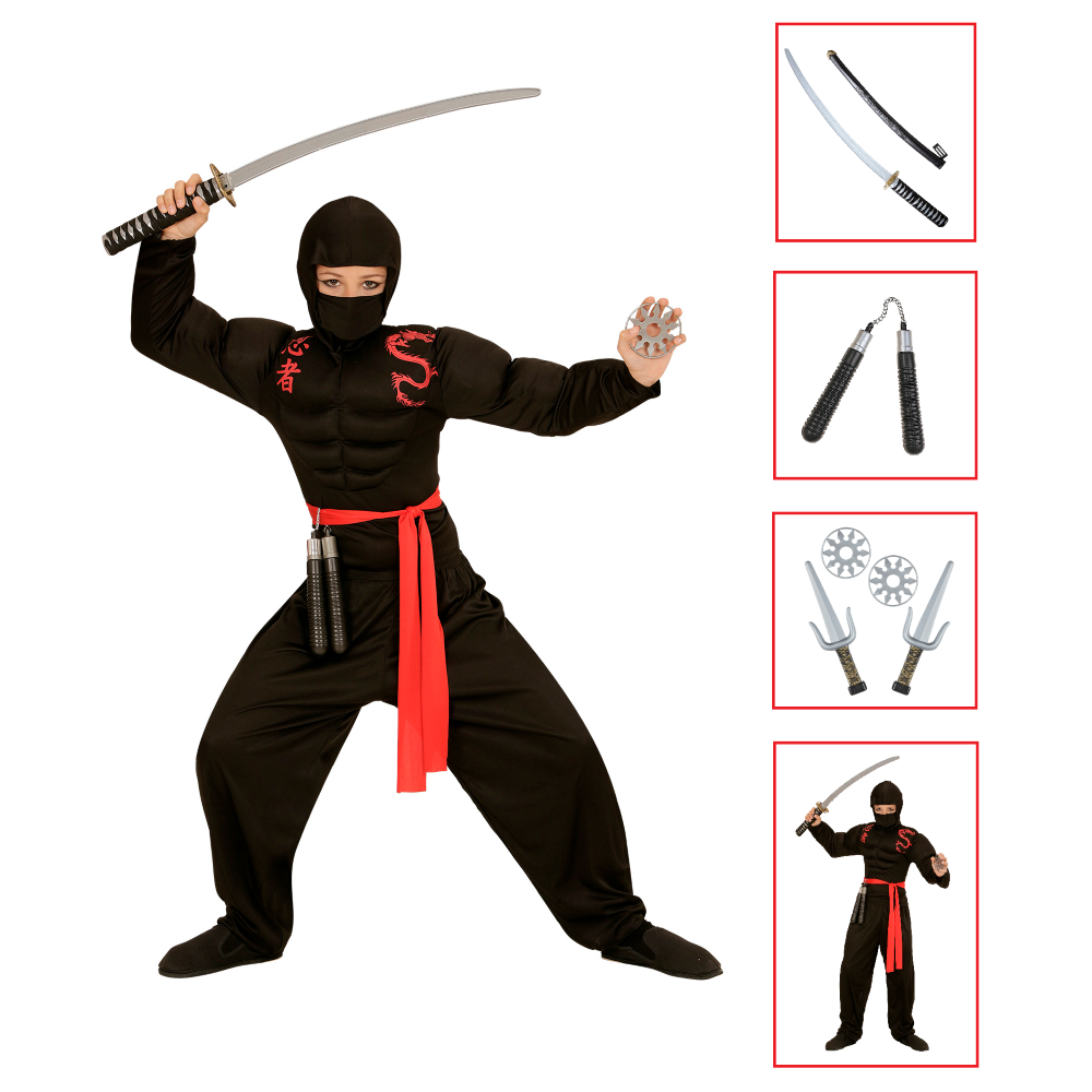 Vestito Carnevale + Accessori Super Ninja Muscoloso Costume Nunchaku Spada Giapponese con Fodero Set Armi 8/10 Anni Travestimento - 0052+6766n+2728q+01025