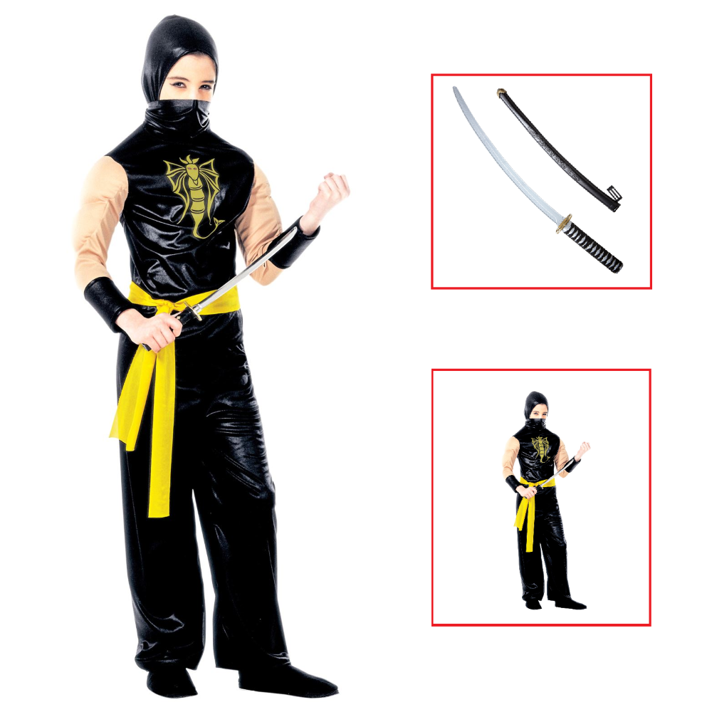Vestito Carnevale + Accessori Power Ninja Costume Spada Giapponese con Fodero 5/7 Anni Travestimento - 3875+2728q