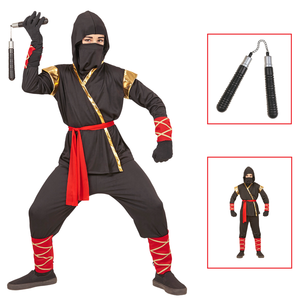 Vestito Carnevale + Accessori Ninja Costume Nunchaku 4/5 Anni Travestimento - 9681+6766n