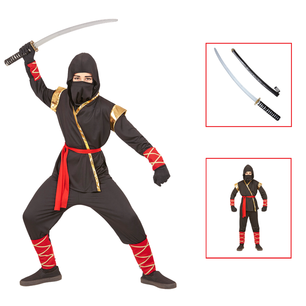 Vestito Carnevale + Accessori Ninja Costume Spada Giapponese con Fodero 4/5 Anni Travestimento - 9681+2728q