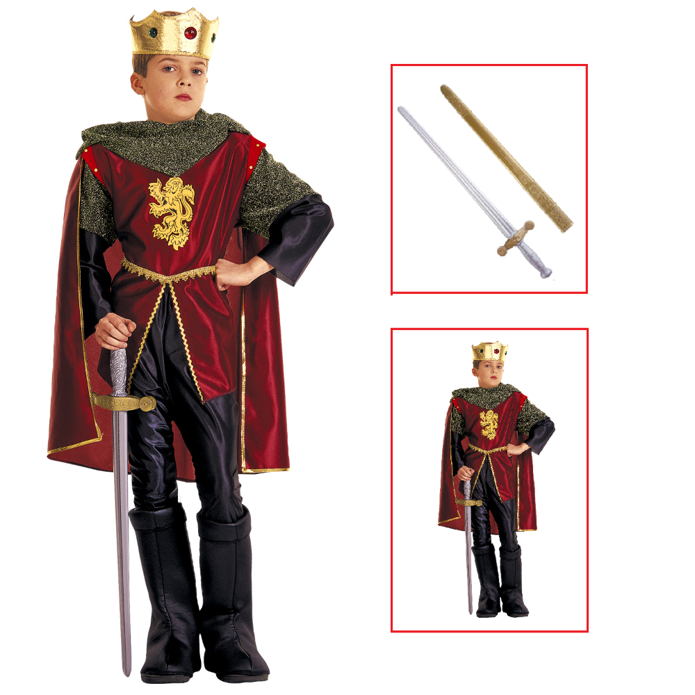 Vestito Carnevale + Accessori Cavaliere Reale Costume Corona Spada con Fodero 5/7 Anni Travestimento - 3710+7001c