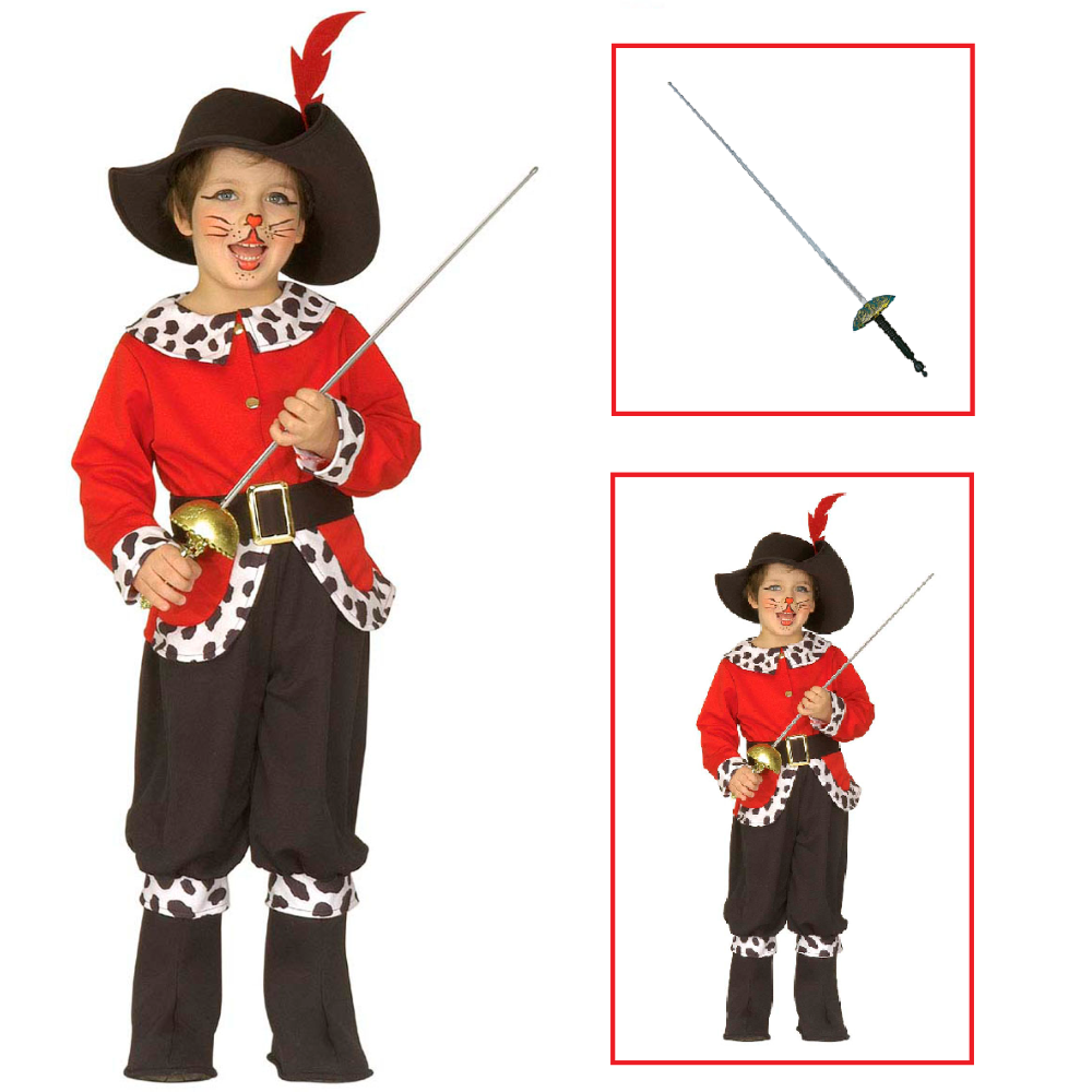 Vestito Carnevale + Accessori Gatto Delle Fiabe Costume Fioretto 3/4 Anni Travestimento - 4392+6765z
