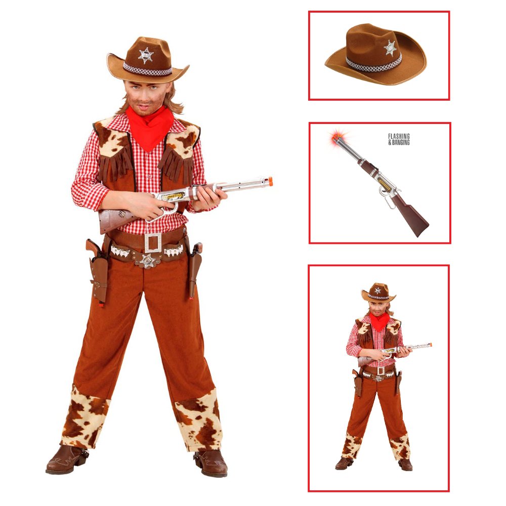 Vestito Carnevale + Accessori Cowboy Costume Cappello Fucile con Suono e Luci 5/7 Anni Travestimento - 5880+2475k+2782s