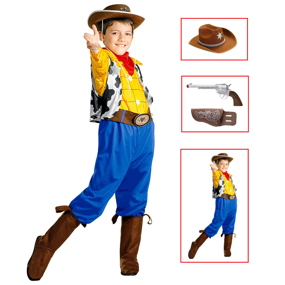 Vestito Carnevale + Accessori Billy Cowboy Costume Cappello Pistola con Fondina 5/7 Anni Travestimento - 3833+2475k+9804c