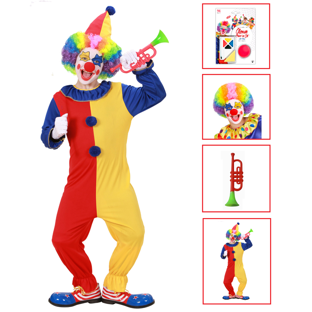 Vestito Carnevale + Accessori Clown Costume Parrucca Tromba Set Trucco con Naso 5/7 Anni Travestimento - 0257+4044n+74590+2720t