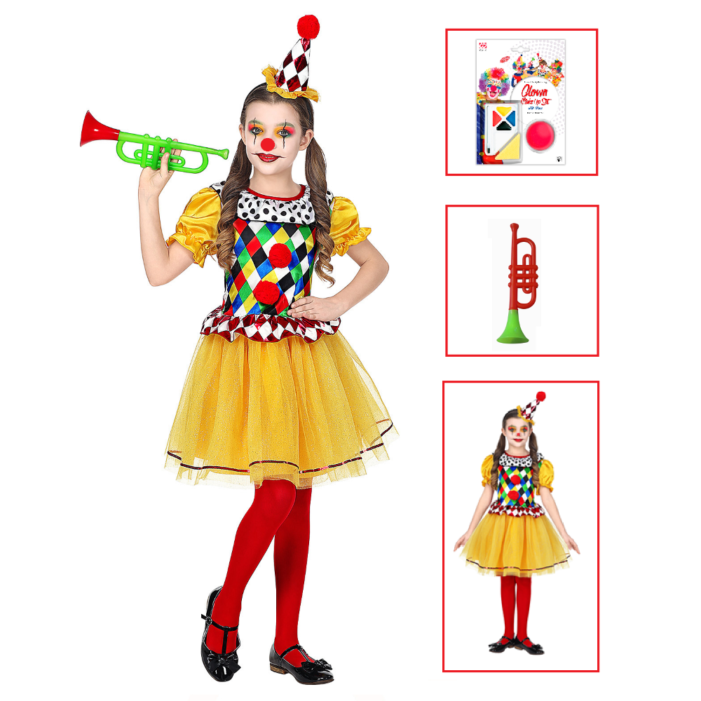 Vestito Carnevale + Accessori Clown Costume Tromba Set Trucco con Naso 4/5 Anni Travestimento - 0695+4044n+2720t