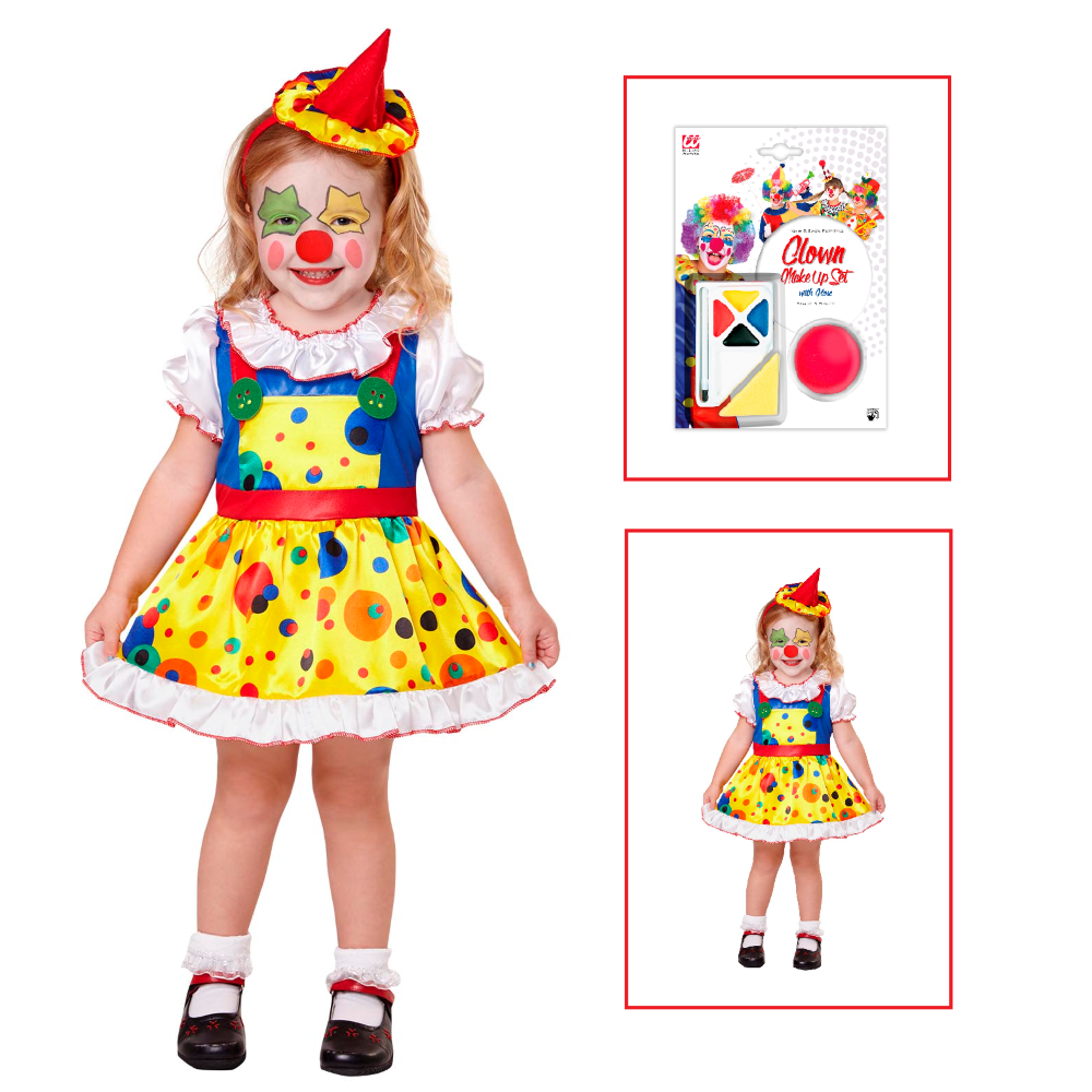 Vestito Carnevale + Accessori Clown Girl Costume Mini Cappello Set Trucco con Naso 2/3 Anni Travestimento - 0754+4044n