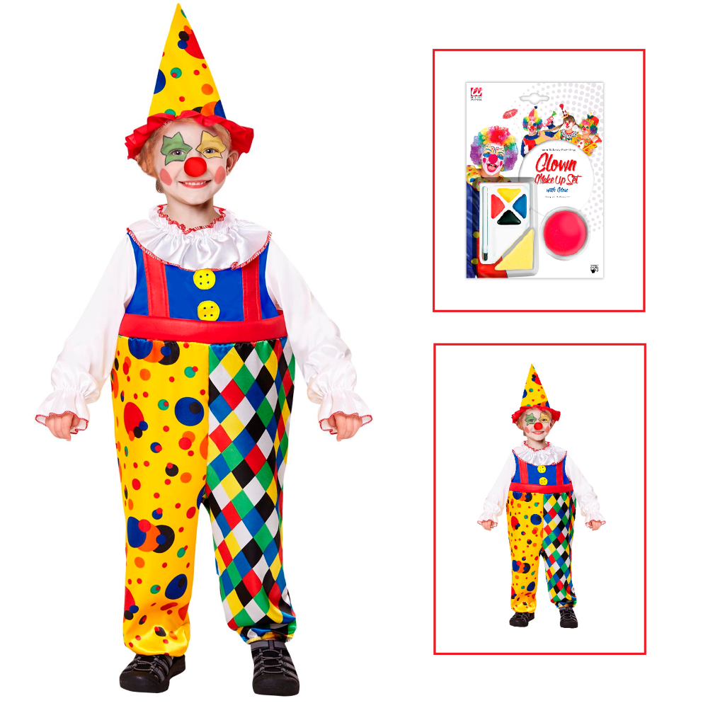 Vestito Carnevale + Accessori Clown Costume Cappello Set Trucco con Naso 2/3 Anni Travestimento - 0755+4044n