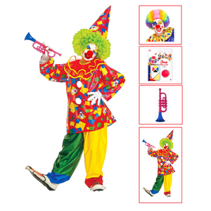 Vestito Carnevale + Accessori Funny Clown Costume Parrucca Tromba Set Trucco con Naso 2/3 Anni Travestimento - 3858+4044n+74590+2720t