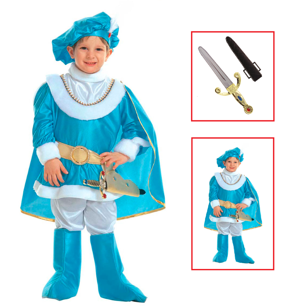 Vestito Carnevale + Accessori Principe Azzurro Costume Pugnale con Gemme e Fodero 3/4 Anni Travestimento - 3691+7003p