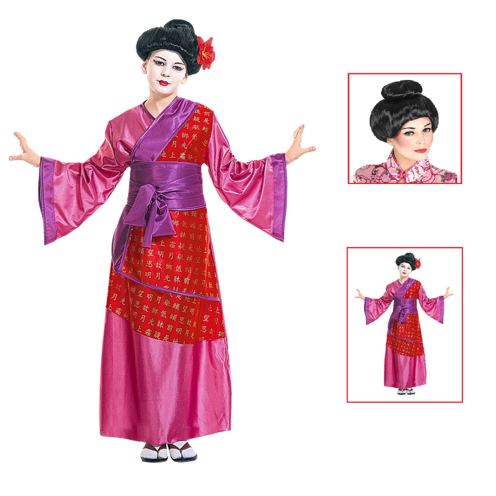 Vestito Carnevale + Accessori Geisha Giapponese Kimono e Cintura Parrucca 11/13 Anni - 3871+01509
