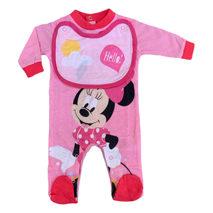 Tutina Lunga con Piedini + Bavetto Minnie Mouse DISNEY 100% Cotone 0/6 Mesi - Min1729/3