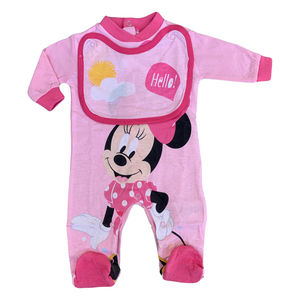 Tutina Lunga con Piedini + Bavetto Minnie Mouse DISNEY 100% Cotone 0/6 Mesi - Min1729/1
